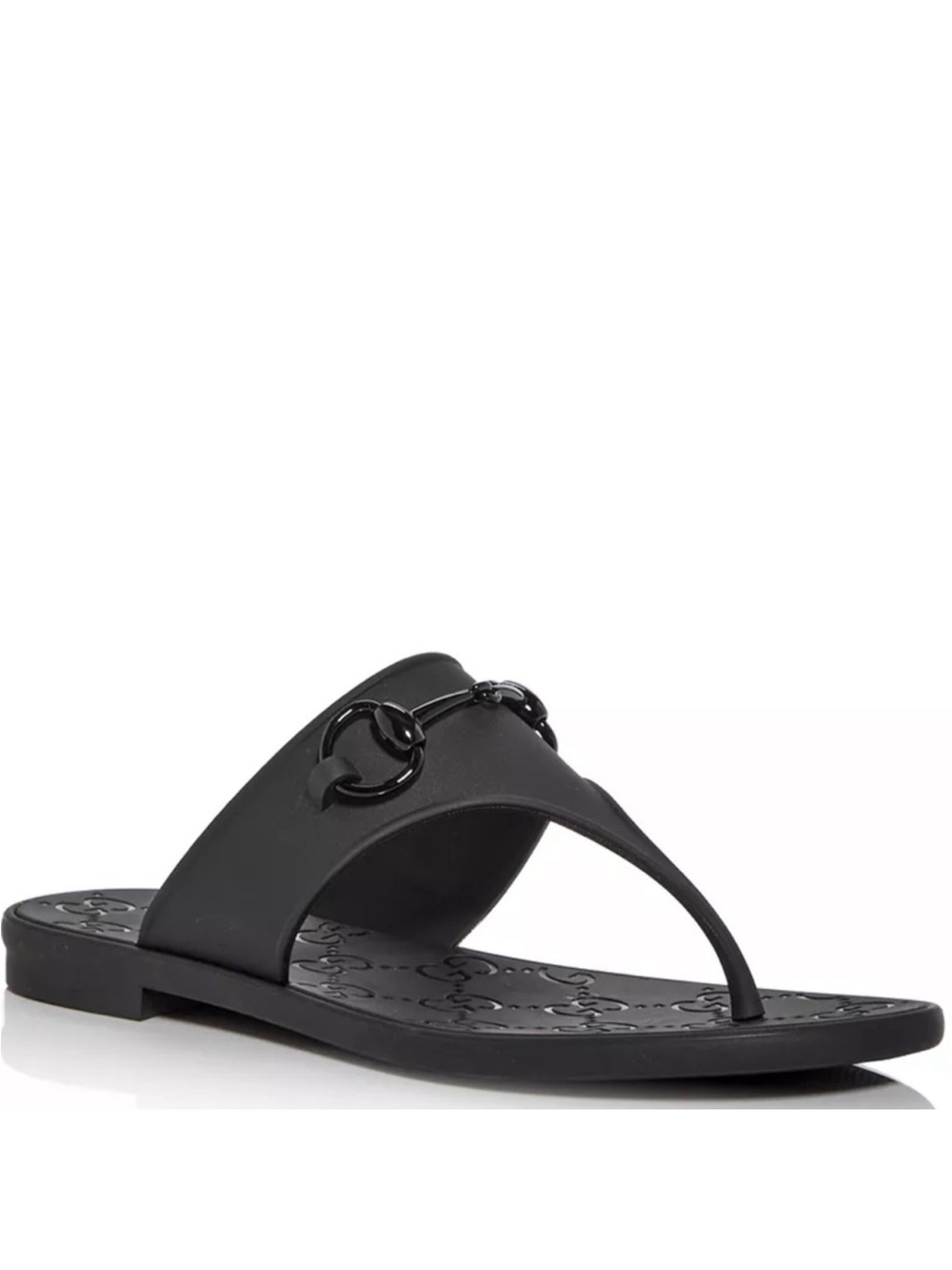 GUCCI Monogram Black Slide Thong Sandal with Iconic Horse bit Detail